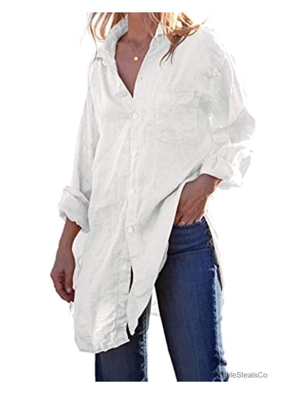 Linen Cotton Long Sleeve Button Down Tunic Cover Up Shirt